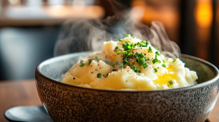 Smooth mashed potatoes in a simple bowl, topped with chives and melted butter, steam rising for a cozy, inviting feel.の素材