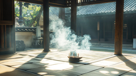 Soft trails of incense smoke drifting through an open window, with light illuminating the patterns.の素材