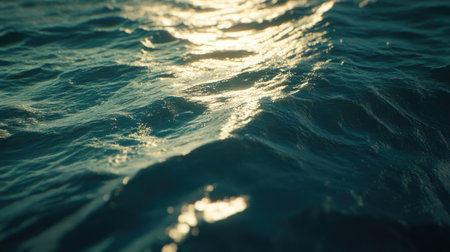Soft-focus blue water waves with ripples creating a peaceful texture. Sunlight adds subtle highlights on the blurred surface.の素材