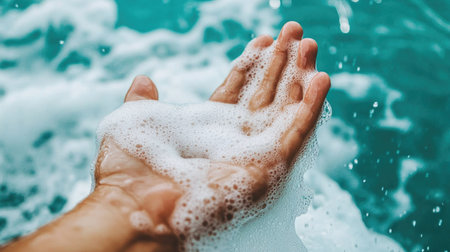 Soapy hands scrubbing with thick lather, bubbles covering palms and fingers, water running for a hygienic clean.の素材