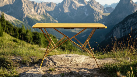 Simple folding table at a campsite with mountains in the background, compact design and minimalist style perfect for outdoor convenience.の素材