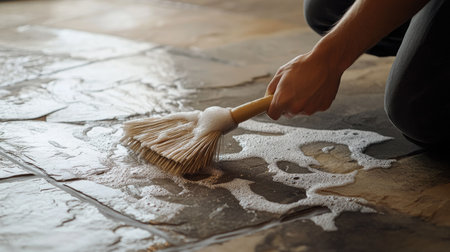 Scrubbing a rock floor with a thick brush, soap suds highlighting the rough texture of the stone surface.の素材