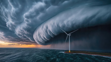 A lone wind turbine framed by dramatic, dark storm clouds, the blades a stark contrast against the brooding skyの素材