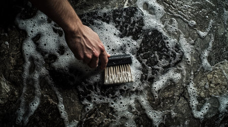View from above of a hand with a scrub brush, scrubbing soapy water across the rough rock floor, with foam surrounding.の素材