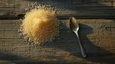 Top view of a mound of granulated sugar on a rustic wooden surface with a silver spoon resting beside it.の素材