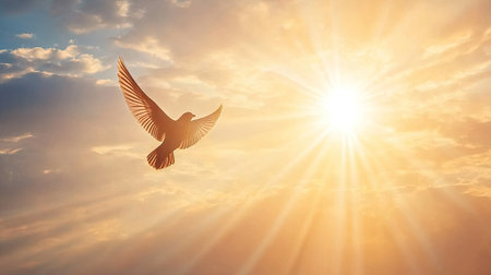 Bird silhouette in graceful flight against a brilliant sunset, sun casting soft, warm rays through the sky filled with soft evening tones.の素材