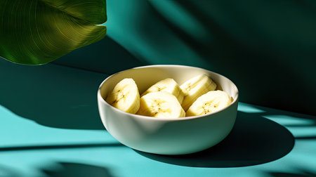 Banana slices in a small white bowl on a vibrant green background, with bright lighting enhancing the fresh look of the fruitの素材