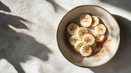 Bowl with fresh banana slices and a dash of cinnamon on a white background, with soft shadows creating a natural lookの素材