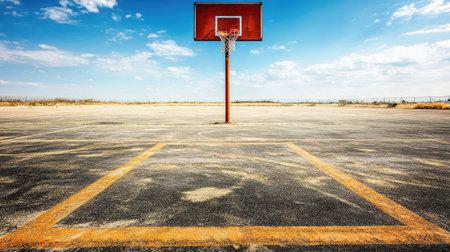 A solitary basketball hoop under a clear blue sky on an empty outdoor court, with light shadows casting across the asphaltの素材