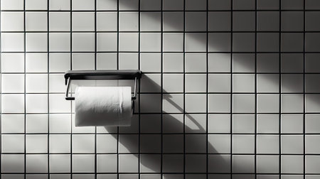 A simple roll of tissue paper on a holder in a bathroom with monochrome tiles, creating a calm and clean aestheticの素材