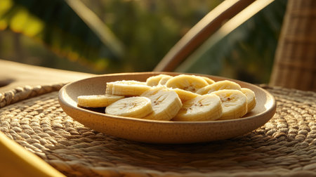 Banana slices in a bowl on a cozy, woven placemat, with sunlight illuminating the fruit and a touch of warmth in the sceneの素材