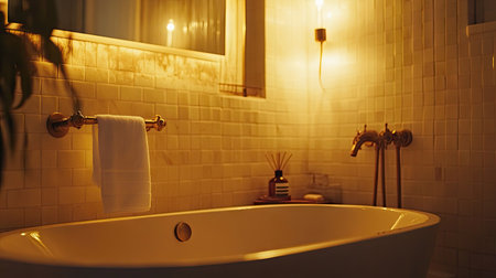 A slightly used tissue roll hanging on a brass holder in a well-lit, small bathroom with textured tiles and a cozy feelの素材