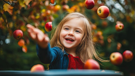 Young girl tossing apple core into a bin, her hand in motion as food waste disposal represents sustainability efforts.の素材