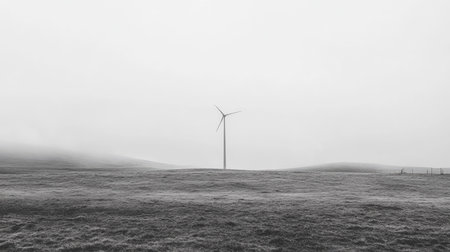 A single, isolated wind turbine against a moody, overcast sky, with the blades slicing through the calm, misty atmosphereの素材