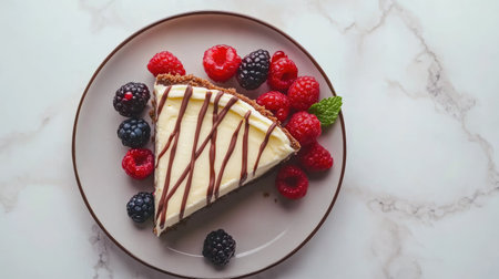Cheesecake slice garnished with fresh berries and intricate chocolate lines, arranged on a plate with a marble background for contrast.の素材