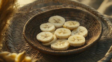 Banana slices in a bowl on a cozy, woven placemat, with sunlight illuminating the fruit and a touch of warmth in the sceneの素材