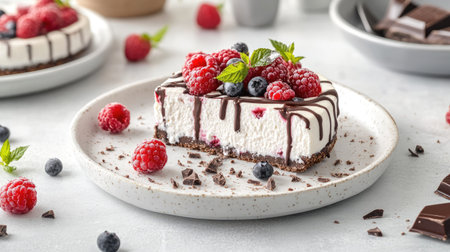 Creamy cheesecake with fresh berries and chocolate drizzle, presented on a white plate with a blurred cafe background.の素材