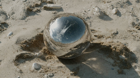 Close-up of crystal ball on beach, reflecting the sunlit waves and sky, with intricate details of sand grains around the ballの素材