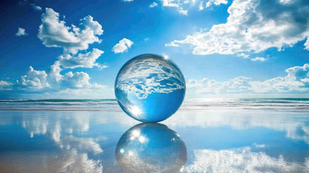 Crystal ball on the shore, capturing a reflective view of ocean waves and blue sky, giving a whimsical perspective of the beachの素材