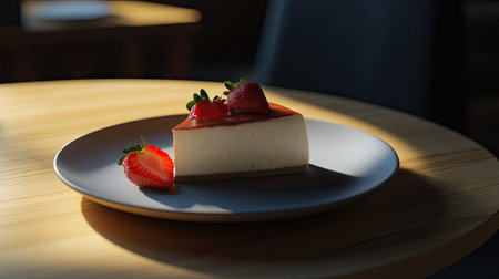 Classic cheesecake slice with bright strawberries and smooth chocolate glaze, set on a plate with a wooden table and soft lighting.の素材