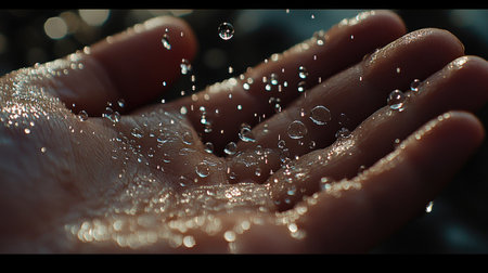 Close-up of rainwater droplets landing softly in a cupped hand, each drop creating ripples on the skin, with soft lighting and natural backgroundの素材