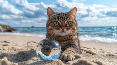 Crystal ball on the sandy shore, reflecting a clear blue sky and waves rolling in, offering a whimsical view of the seaside landscapeの素材
