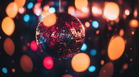 Close-up of a disco mirror ball with colorful reflections, casting sparkles of red, yellow, and blue light, creating a party feelの素材
