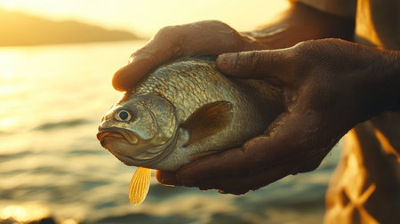 Close-up of fisherman's hands holding a freshly caught fish, scales reflecting in the sunlight, lake in background.の素材