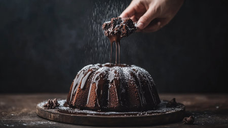 Chocolate bundt cake topped with a rich chocolate glaze, with a sprinkle of powdered sugar on top for a classic, mouth-watering lookの素材