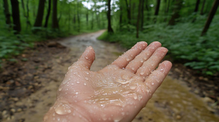 Delicate raindrops pooling in an outstretched hand, fingers slightly curled, with a natural, forest background blurred behindの素材