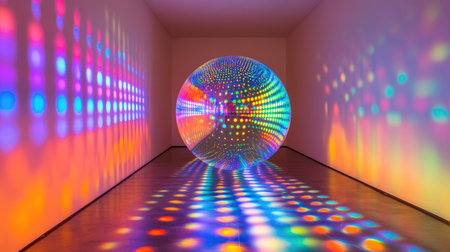 Disco ball reflecting rainbow colors across a smoky room, casting colorful dots of light on the walls and ceiling, creating a retro vibeの素材