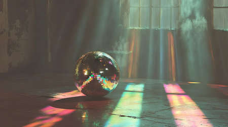 Disco ball reflecting rainbow colors across a smoky room, casting colorful dots of light on the walls and ceiling, creating a retro vibeの素材