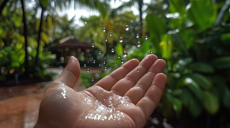 Outstretched hand capturing raindrops, with focus on each droplet, and lush green foliage softly blurred in the backgroundの素材