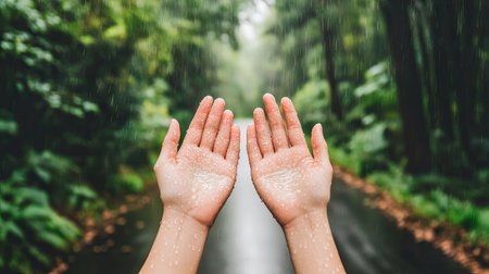Outstretched hands in gentle rain, droplets forming small pools, with muted forest colors creating a peaceful backgroundの素材