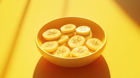 Ripe banana slices in a round bowl, isolated on a vibrant yellow background, emphasizing the fruit's bright, cheerful colorsの素材