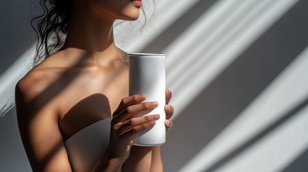 Woman gripping a white can with condensation, bright, simple background and soft shadows adding to the refreshing look.の素材