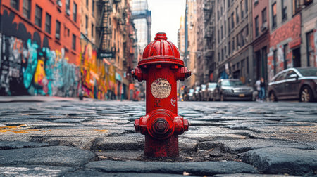 A red fire hydrant on a city street, with graffiti and urban life bustling in the background.の素材