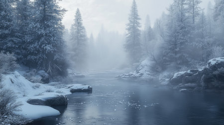 A small river flowing through a snow-covered forest, with mist rising from the water and the surrounding trees dusted in white.の素材