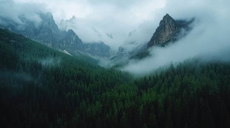 Aerial perspective of a thick green forest at the base of towering, rocky mountains, with clouds drifting above the peaks.の素材