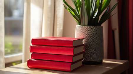 A stack of bright red books on a shelf, adding a pop of color to a neutral-toned room.の素材
