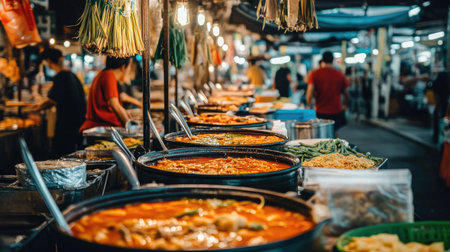 A bustling street food market with vendors selling traditional Thai soups like tom yum, with fragrant lemongrass and chili floating on top.の素材