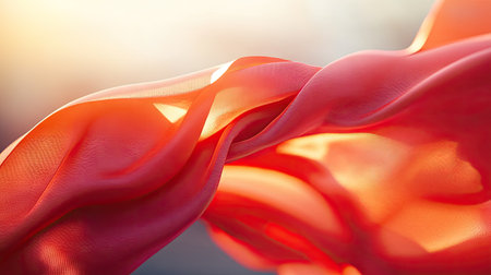 A vibrant red silk ribbon blowing gently in the wind, with soft sunlight illuminating its glossy surface.の素材