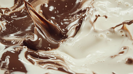 Swirls of chocolate and milk blending together as they splash into a bowl, creating a smooth, marbled effect in mid-air.の素材