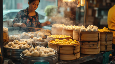 A busy Thai market vendor selling freshly steamed dim sum, with a variety of dumplings and buns neatly arranged in bamboo steamers.の素材