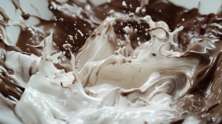 Swirls of chocolate and milk blending together as they splash into a bowl, creating a smooth, marbled effect in mid-air.の素材