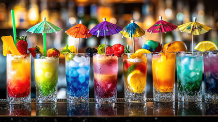 A display of colorful cocktails on a bar counter, each one topped with vibrant fruit garnishes and umbrellas.の素材