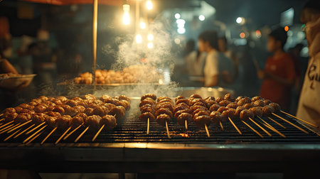 A famous Thai street food scene with vendors selling skewered meatballs and sausages, each grill glowing with heat and smoke.の素材