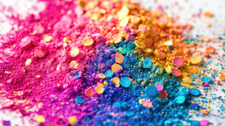 A close-up of multi-colored powders used for Holi celebrations, scattered in a burst of color on a white background.の素材