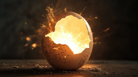 A cracked egg with light spilling out, symbolizing the birth of a new and innovative idea from an unexpected source.の素材