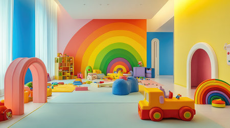 A fun and colorful childrens playroom with bright toys, rainbow-colored walls, and playful decor.の素材